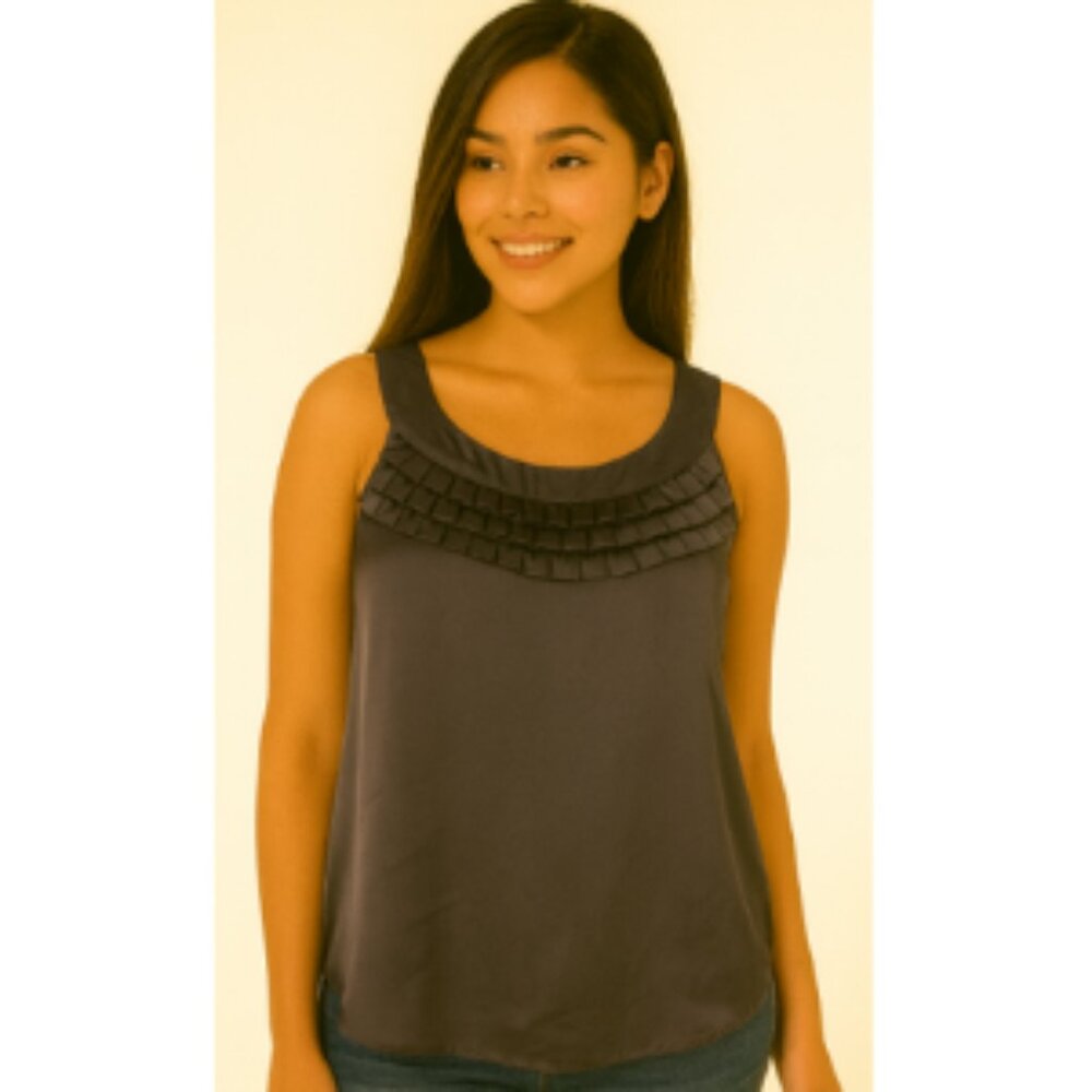 Lapis Gray Ruffled Tank Top with Embellished Neckline